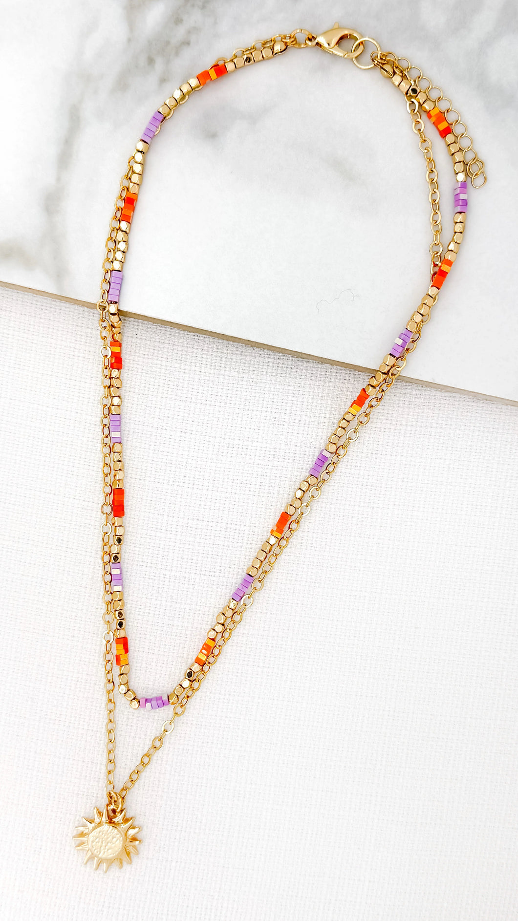 Envy Double Layer Beaded Necklace With Sunburst Pendant - 4328