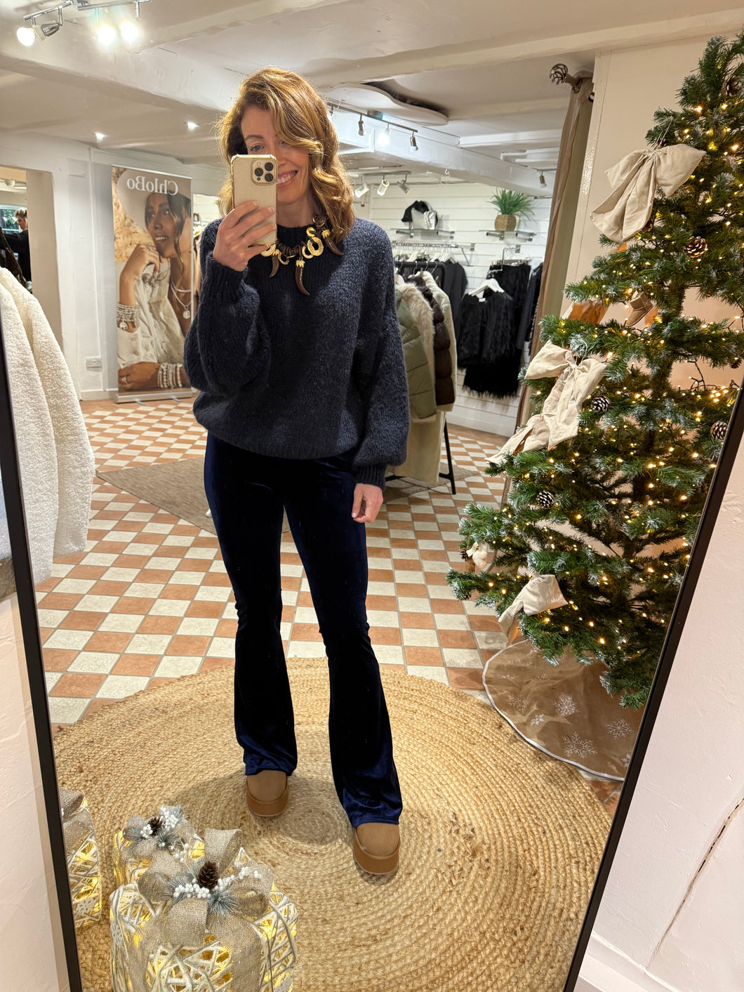 Velvet Flare Trousers - Navy