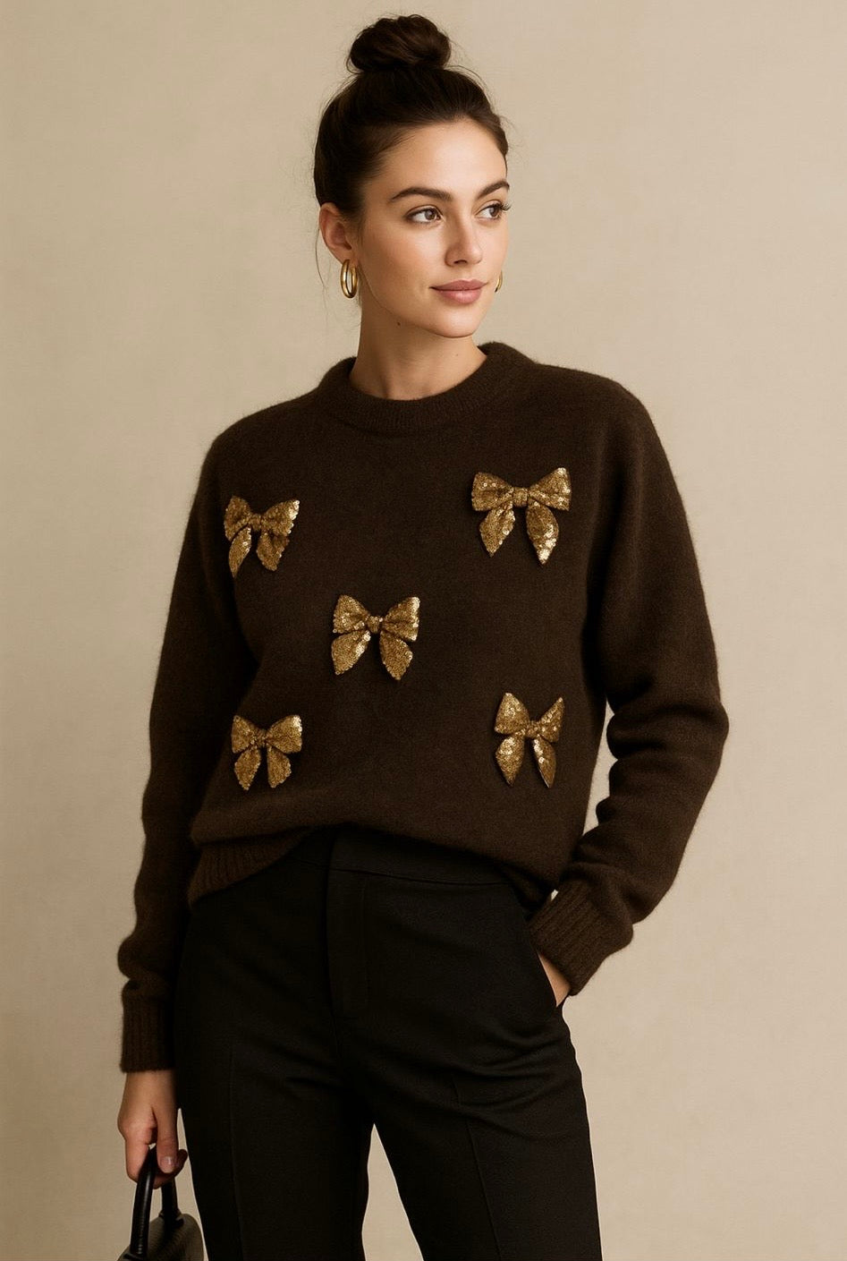Sequin Bow Jumper - Chocolate