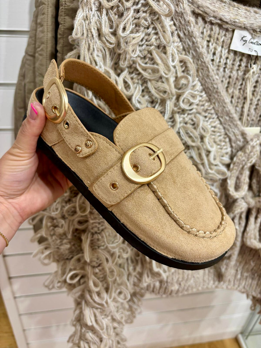 Golden Buckle Loafer Shoes - Oatmeal
