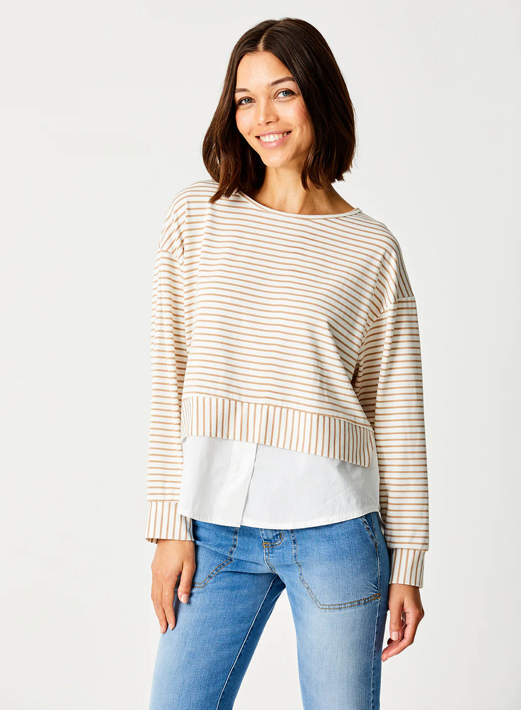 Suzy D Glen Stripe Top With Shirt Hem - Beige