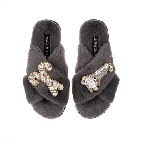 Laines London Slippers - Grey Candy Cane & Gonk