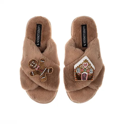 Laines London Slippers - Camel Gingerbread Man & House