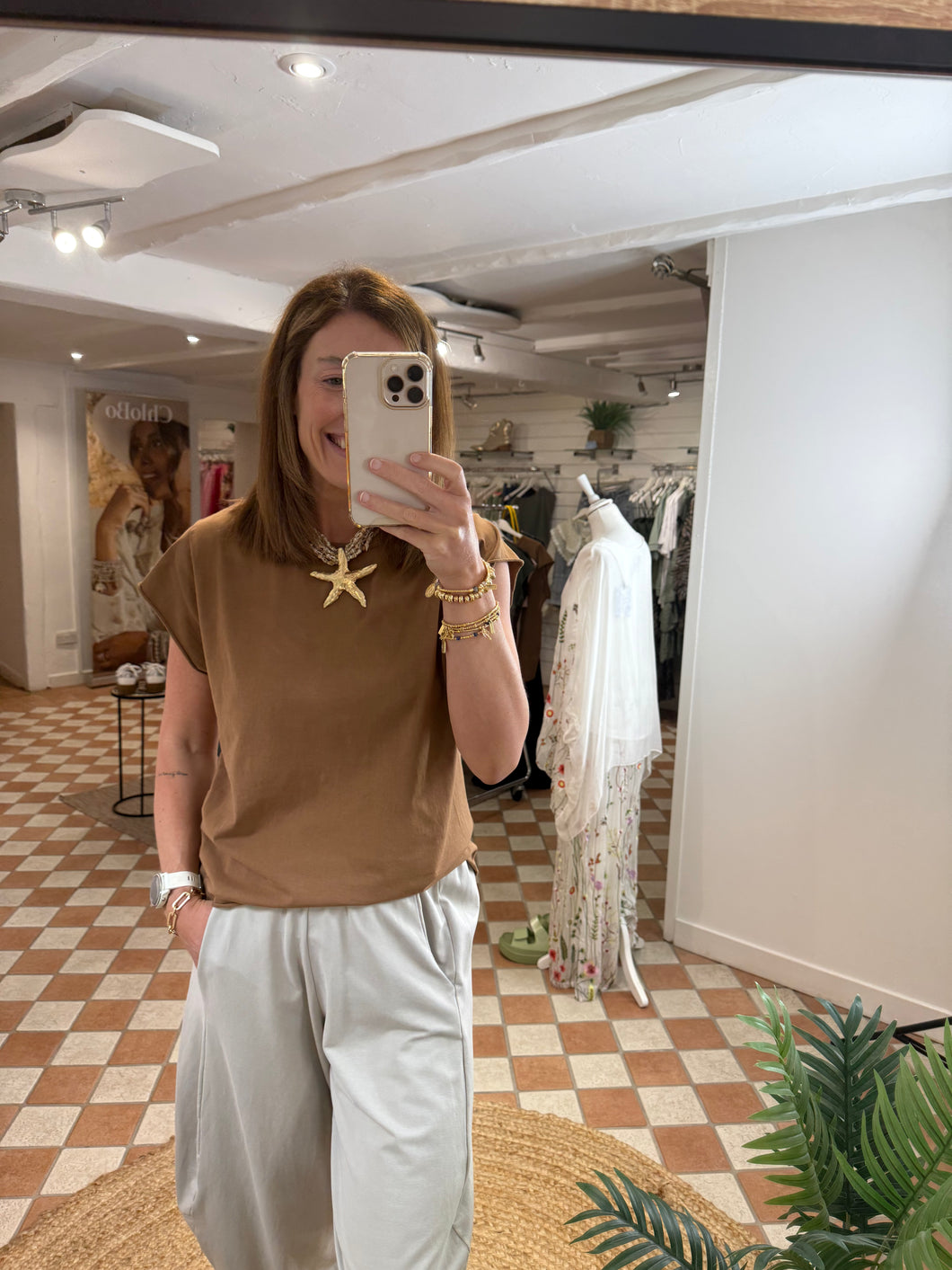 Basic Raw Edge Tee - Camel