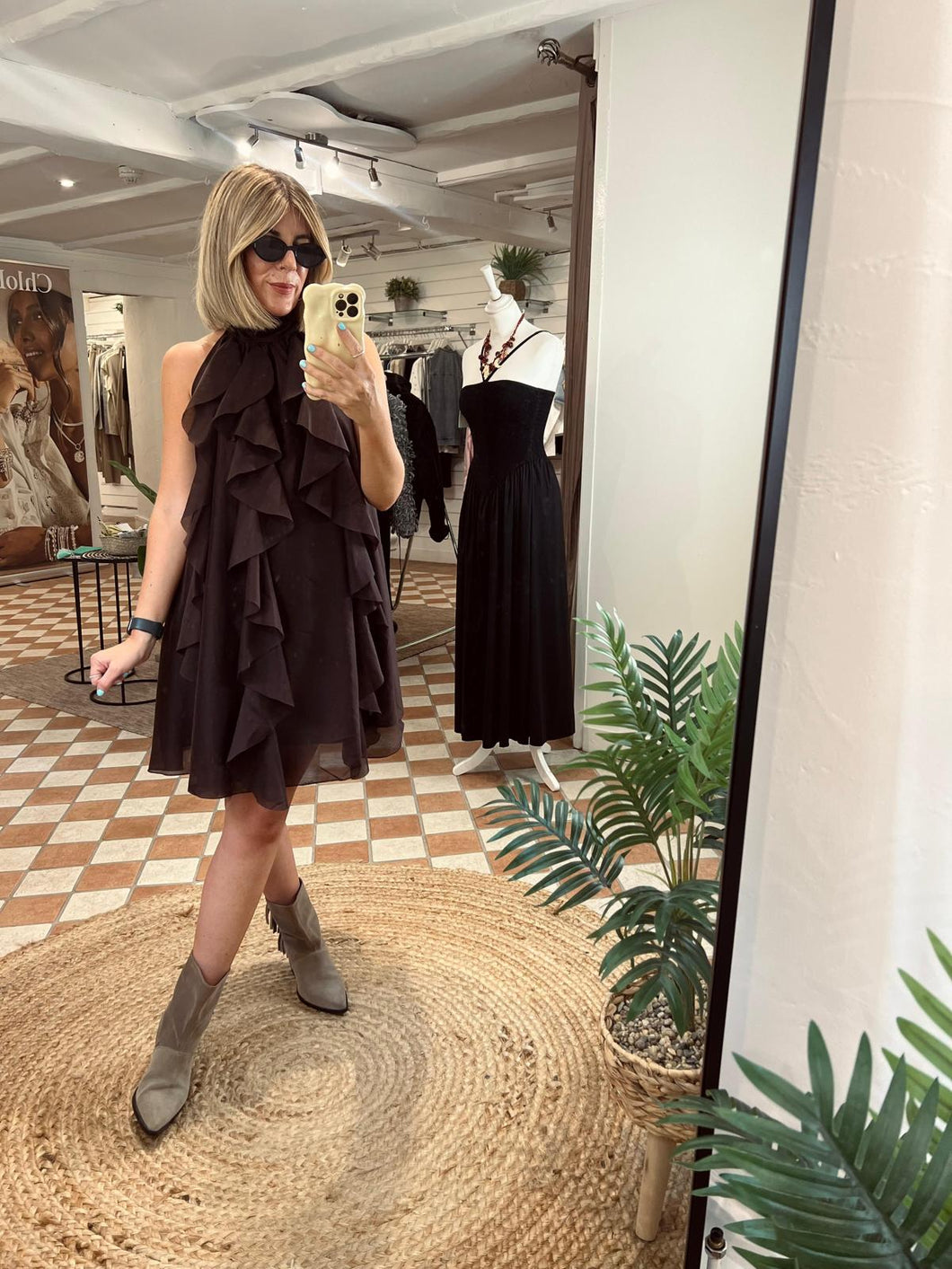 Frill Front Halterneck Dress - Chocolate