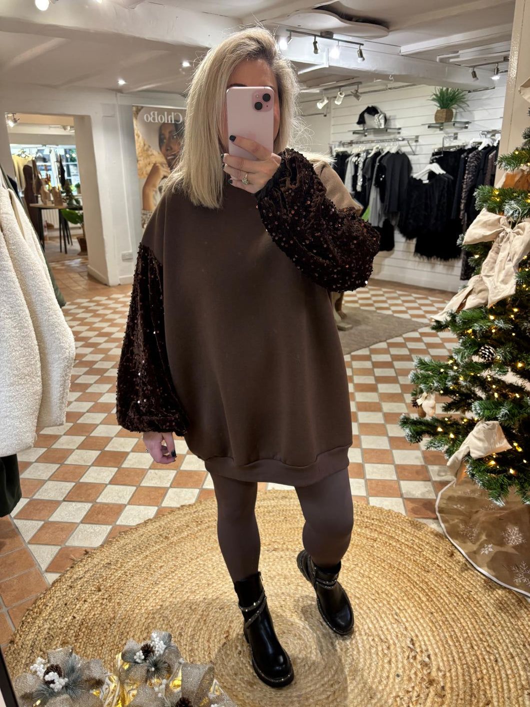 Sequin Sleeve Jumper Dress - Chocolate