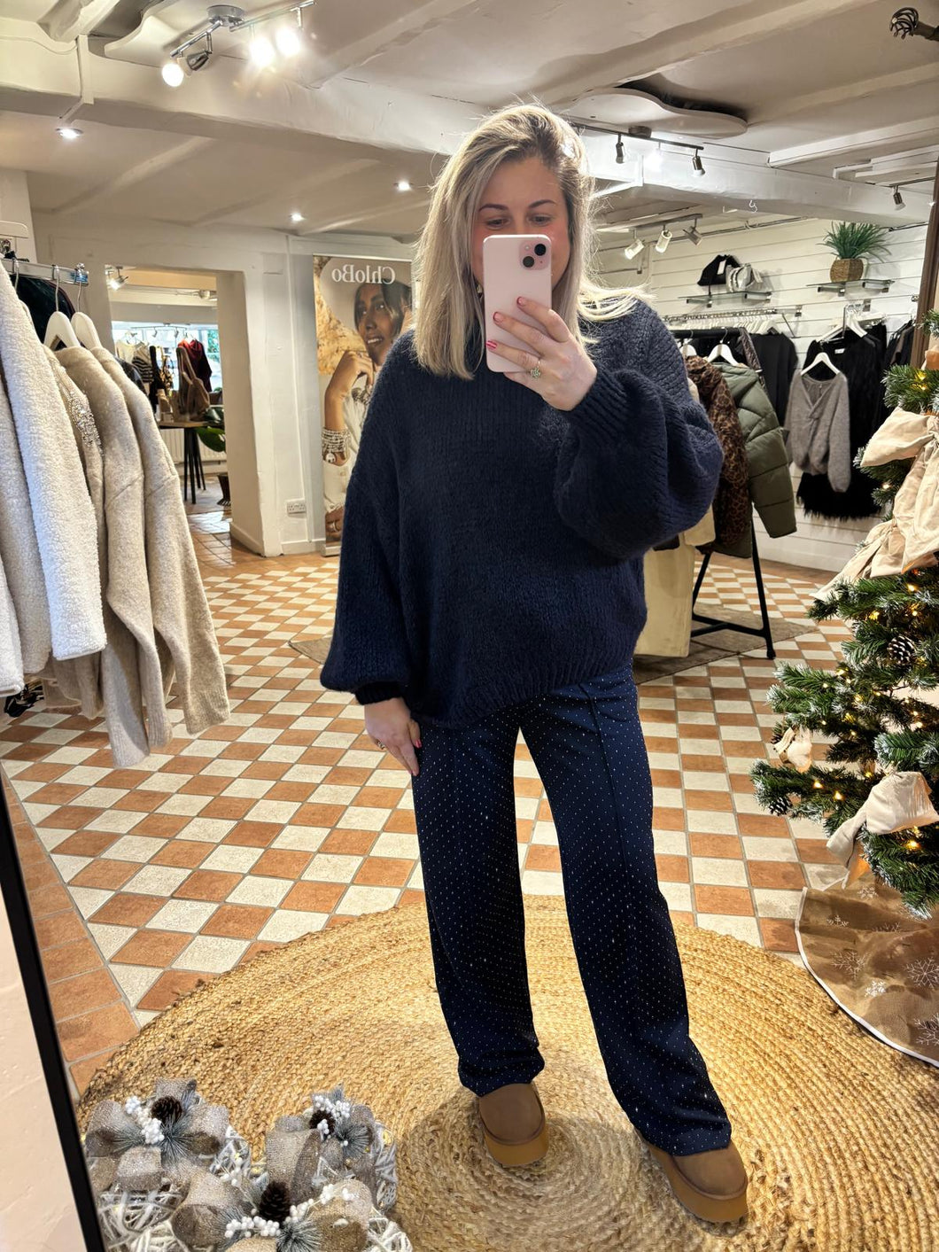 Diamanté Wide Leg Joggers - Navy